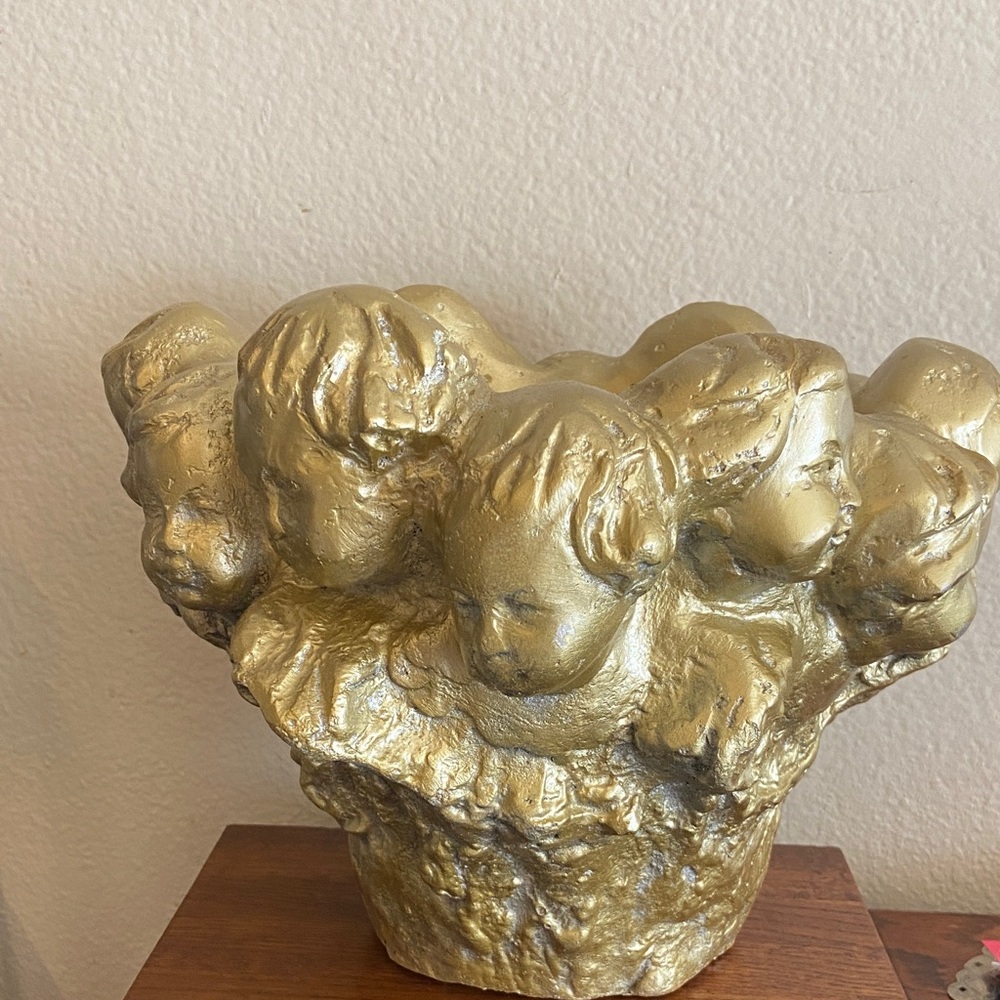 Vintage Hand painted Gold Cherub Cement Sculpture Planter